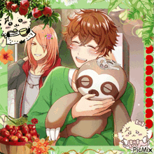 a picture of a man holding a stuffed sloth with the word picmix on it