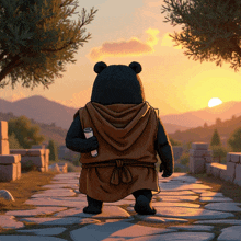 a cartoon bear is walking down a stone path with mountains in the background