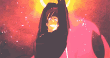 a man in a black shirt is holding a sword in his hand in front of a pink background .
