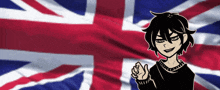 a black and white drawing of a girl standing in front of a british flag