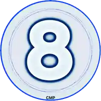 a blue and white circle with the number 8 inside