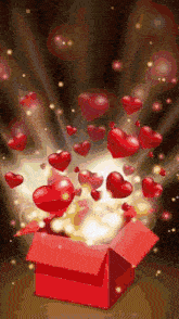 hearts are flying out of a red box