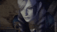 a close up of a woman 's face in a video game with a dark background .