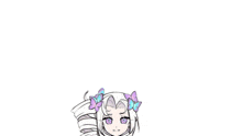 a cartoon of a girl with purple eyes and butterflies in her hair standing next to a red brick .