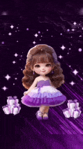 a little girl in a purple dress is standing next to gifts .
