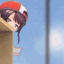 a cartoon girl is peeking out of a box .