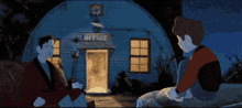 two cartoon characters are sitting in front of a blue building that says office