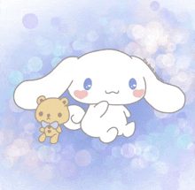 a drawing of a white bunny holding a brown teddy bear