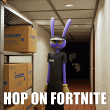 a cartoon character standing in a hallway with boxes of chicken patties