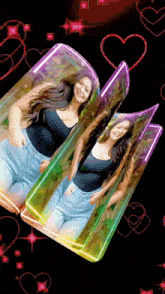 a picture of a woman in a black tank top and blue jeans is surrounded by hearts