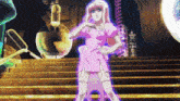 a woman in a pink dress is standing on stairs