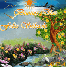 a painting of flowers and birds with the words buenos dias feliz sabado written on it