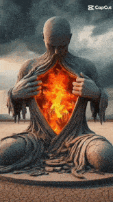 a statue of a man with a fire coming out of his chest and the words capcut on the bottom