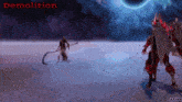 a video game character with a scythe and the word demolition on the bottom