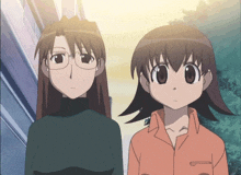 two anime girls are standing next to each other and looking at the camera