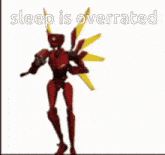 a red robot with yellow wings is dancing with the words sleep is overrated above it .