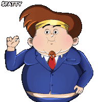 a fat man in a suit and tie with the name fatty above him
