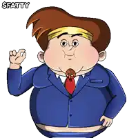 a fat man in a suit and tie with the name fatty above him