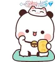 a cartoon panda bear is holding a gold coin and smiling .
