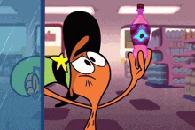 a cartoon character is holding up a bottle with a blue eye on it