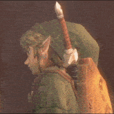 a video game character has a sword and shield on his back