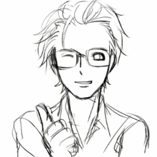 a man wearing glasses and a black shirt winks and gives a thumbs up