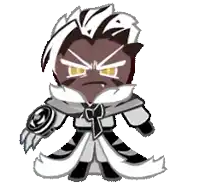 a cookie from a video game is wearing a white and black outfit and holding a sword .