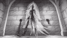 a drawing of a woman holding a chain in a room