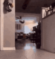 a blurred image of a hallway with a ceiling fan