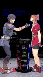a man and a woman standing in front of a 10x health drink
