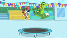 a cartoon dog and a dinosaur are jumping on a trampoline