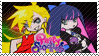 a couple of anime characters standing next to each other on a black background .