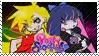 a couple of anime characters standing next to each other on a black background .