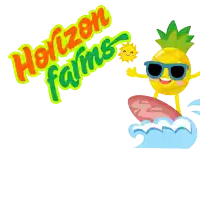a cartoon illustration of a pineapple riding a surfboard with the words horizon palms below it