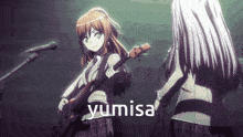 a girl playing a guitar in front of a microphone with yumisa written on the bottom right