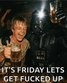 a picture of darth vader and luke skywalker drinking beer
