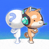 a cartoon dog wearing headphones and a microphone stands next to a white man with a question mark on his head