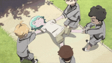 a group of children are playing tug of war with a blue haired girl