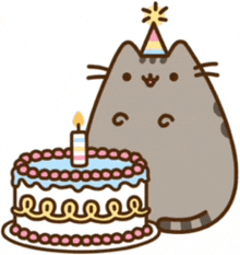 a cartoon cat wearing a party hat stands next to a birthday cake