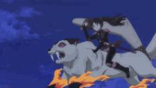 a woman is riding on the back of a white wolf