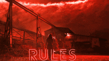 a red background with the word rules written in white