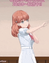 a girl in a white dress with a red bow is smiling in front of a sign that says 20:30