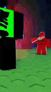 a cartoon character is standing in front of a green screen and holding a gun .
