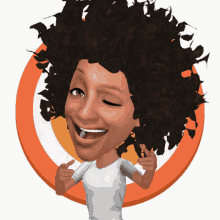 a cartoon of a woman with curly hair is smiling and pointing