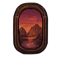 a pixel art painting of mountains and a river in a wooden frame