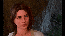 a close up of a woman 's face with a tree in the background