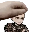a pixel art of a hand putting a beret on a man 's head .