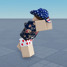 a cartoon character wearing a blue hat and a floral shirt