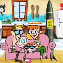 a cartoon of a family sitting on a pink couch with a rocket in the background