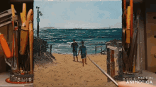 a painting of two men standing on a beach is made in animatica